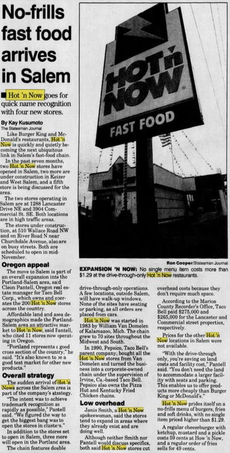 Hot n Now Hamburgers - Oct 1993 Expansion To Salem